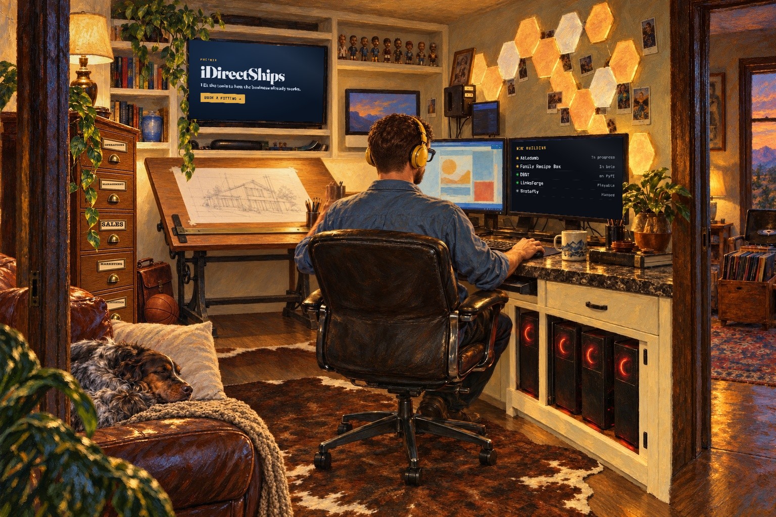 The office: Drew at his desk in yellow headphones, monitors on a granite L-shaped desk over white cabinets, four computers glowing red inside the cabinets, glowing hexagon lights with photos pinned among them, built-in shelves with a TV and a row of bobbleheads, a tall dark chest, and a cowhide rug.